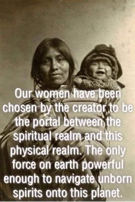 This may contain: two native women holding each other with a quote on the bottom saying, our women have been chosen by the creator to be the portal between the