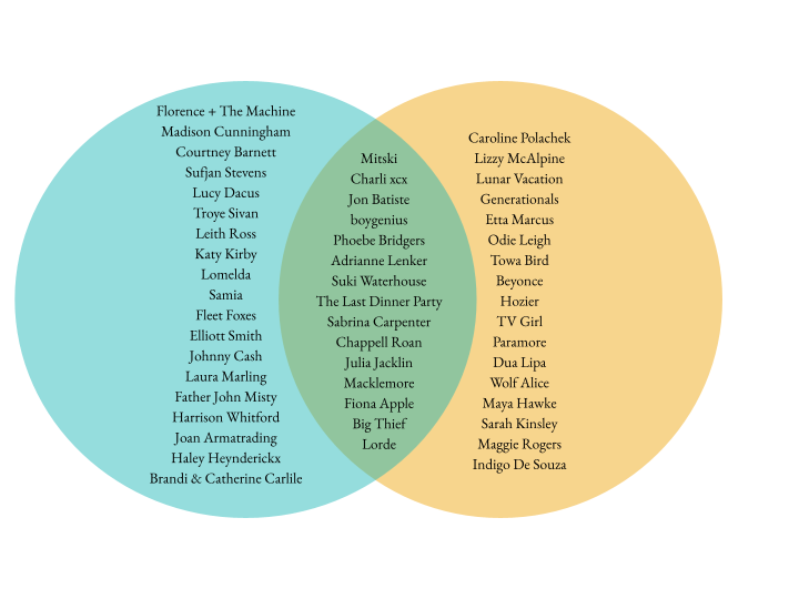 A Venn diagram of the artists on Jozef and Emory's top 100 songs from their Spotify wrapped 2024 lists