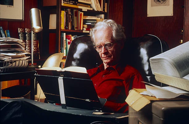 Skinner, American psychologist, behaviorist, inventor and social philosopher, in his home. Cambridge, MA. July 1983. .