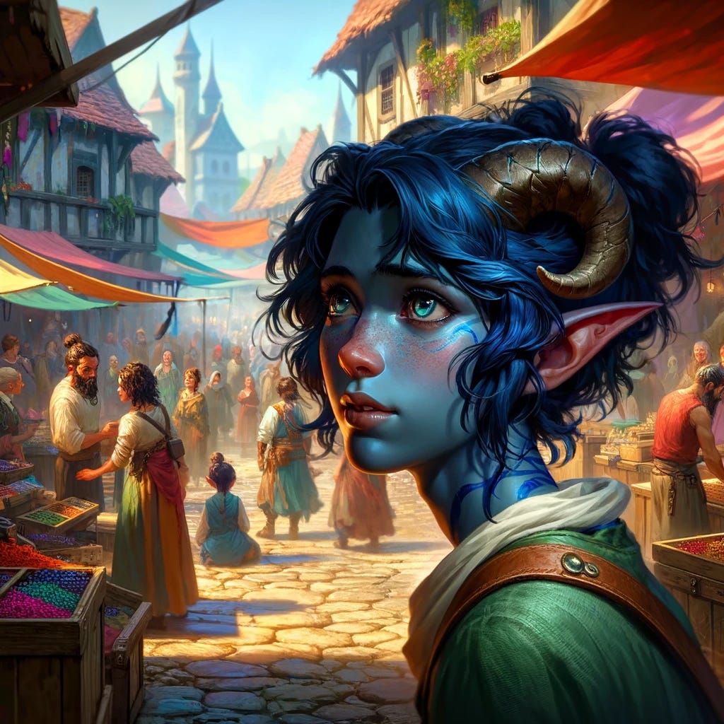 In a vibrant marketplace of a small village in Mirrormere, a young teenage Seraphina is depicted amidst colorful stalls and townsfolk. She has deep blue hair and distinct tiefling horns, characteristic of her race. Her expression captures a mix of curiosity, longing, and a hint of confusion as she watches a boy from afar. The marketplace is lively, filled with various stalls and villagers engaging in daily activities. The scene conveys a sense of youthful innocence and the complexities of adolescence, highlighting Seraphina's emotional state in her first experience with romantic interest and the emerging shadows of her narcissism.