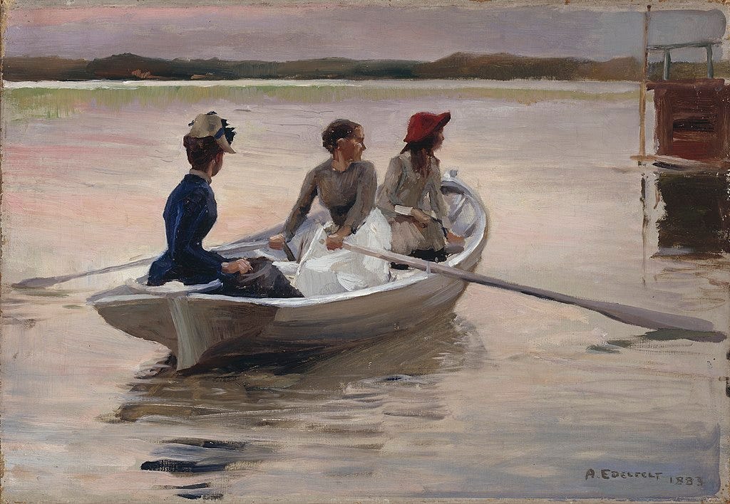 A painting by Albert Edelfelt, depicting three women in a rowing boat. A painting by Albert Edelfelt, depicting three women in a rowing boat.