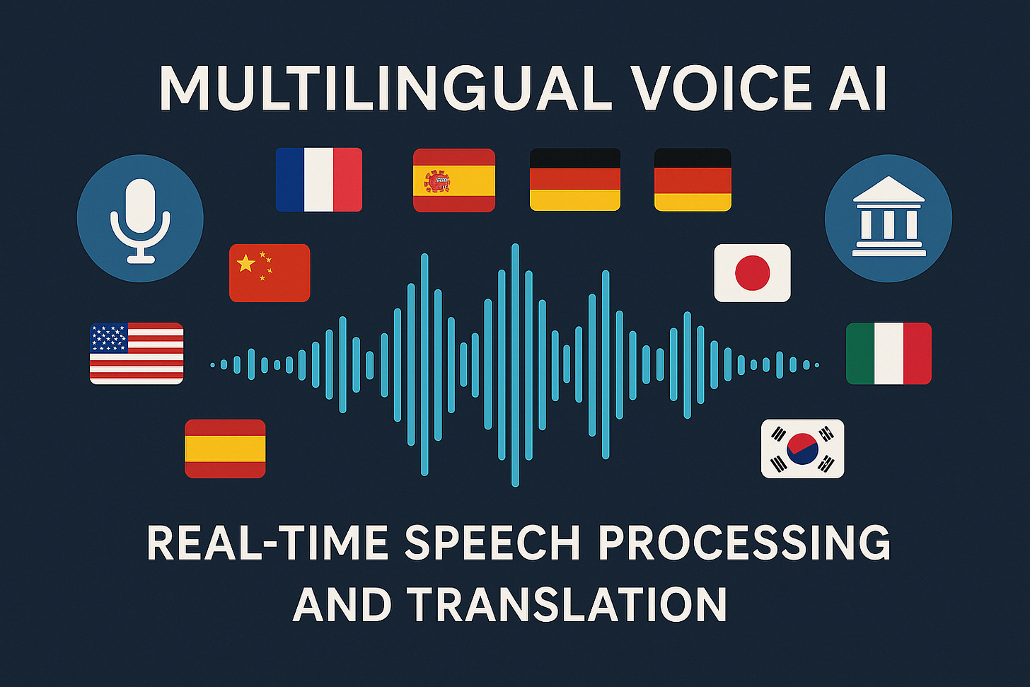Multilingual voice AI interface showing sound waves and language flags from around the world, representing real-time speech processing and translation capabilities for banking and financial services