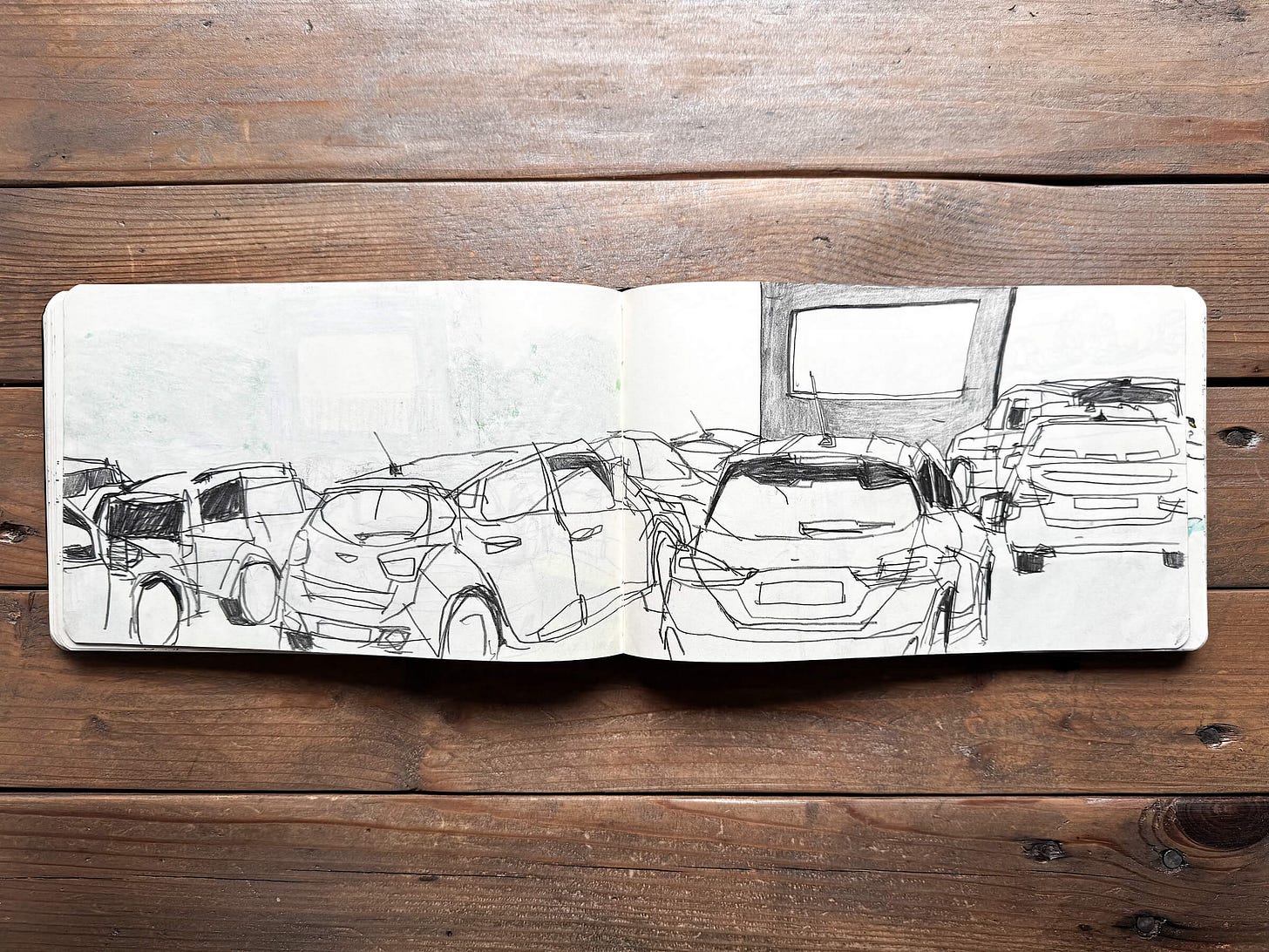 Moleskine Sketchbook, pencil drawing of the Luna drive in cinema Harewood House, Yorkshire