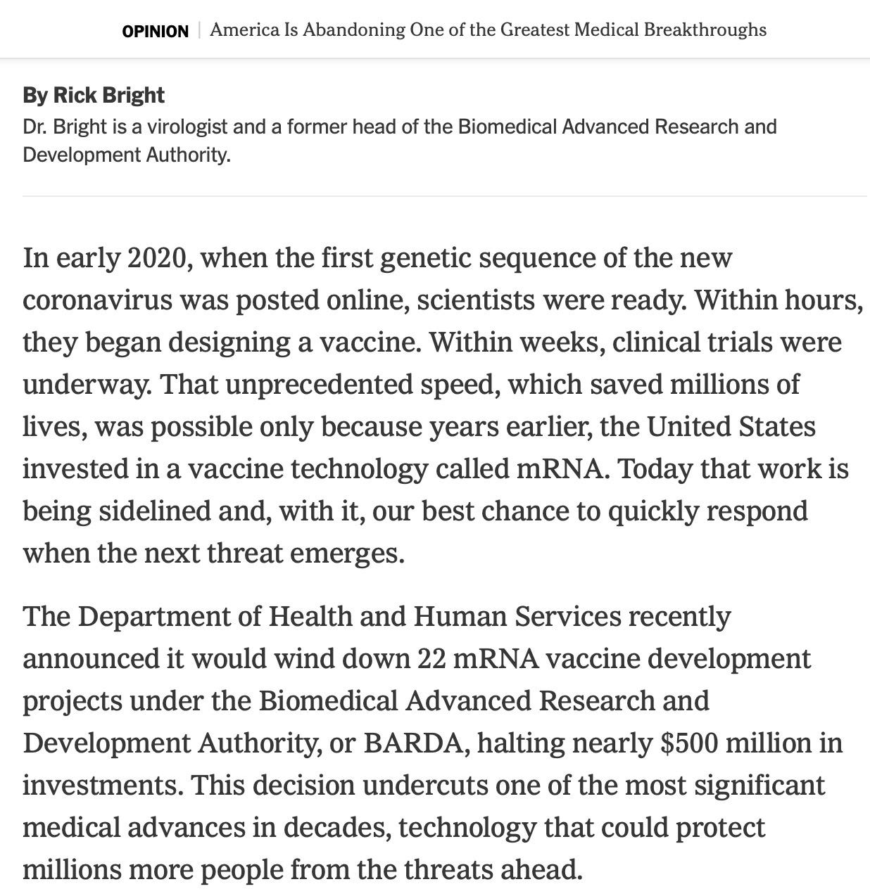 Rick Bright, who is not very Bright, rides again: to tell us the false story about how RNA plug 'n play produces instant vaccines.