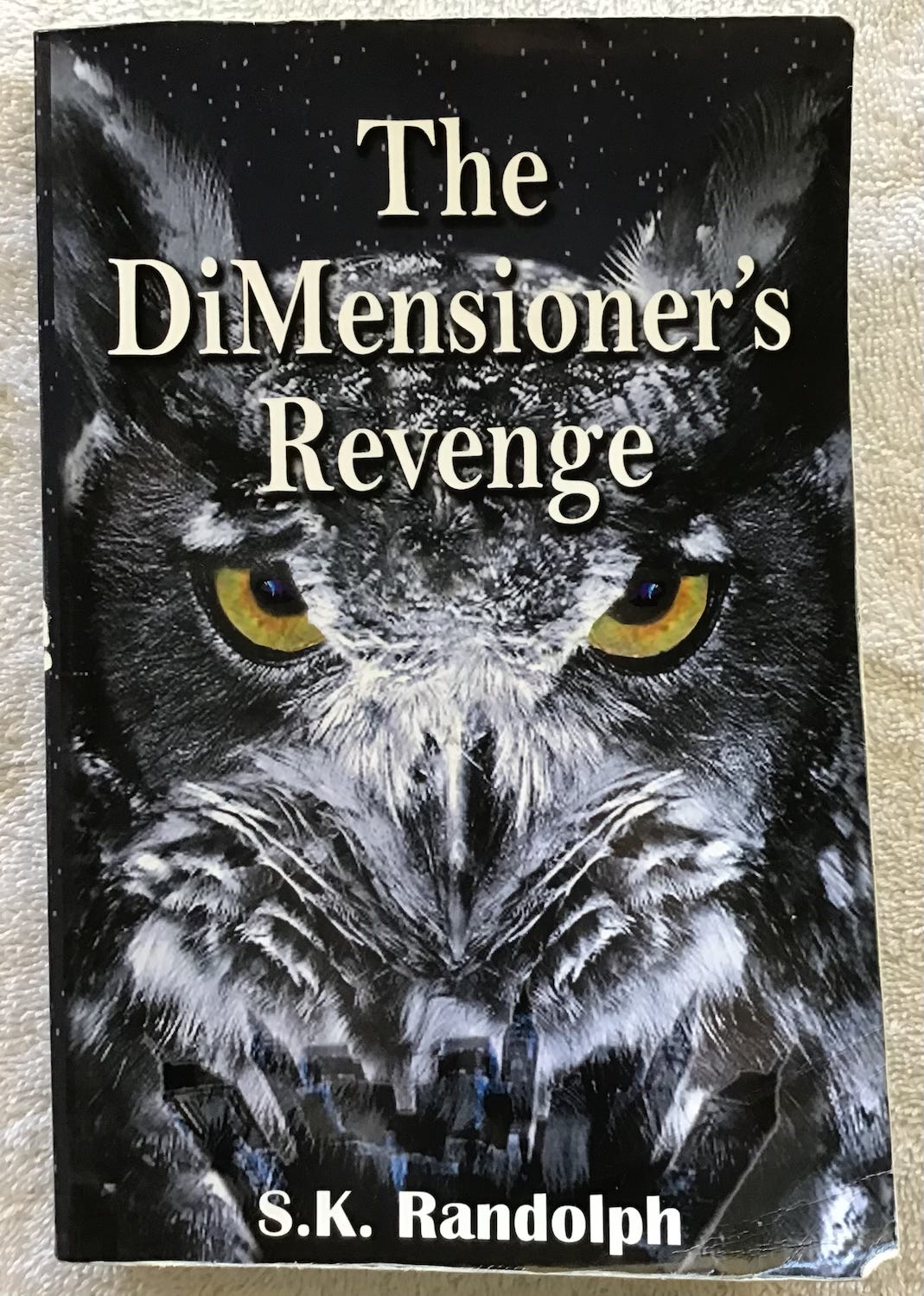 Book cover The DiMensioner's Revenge. An owl's face  on a blue background.