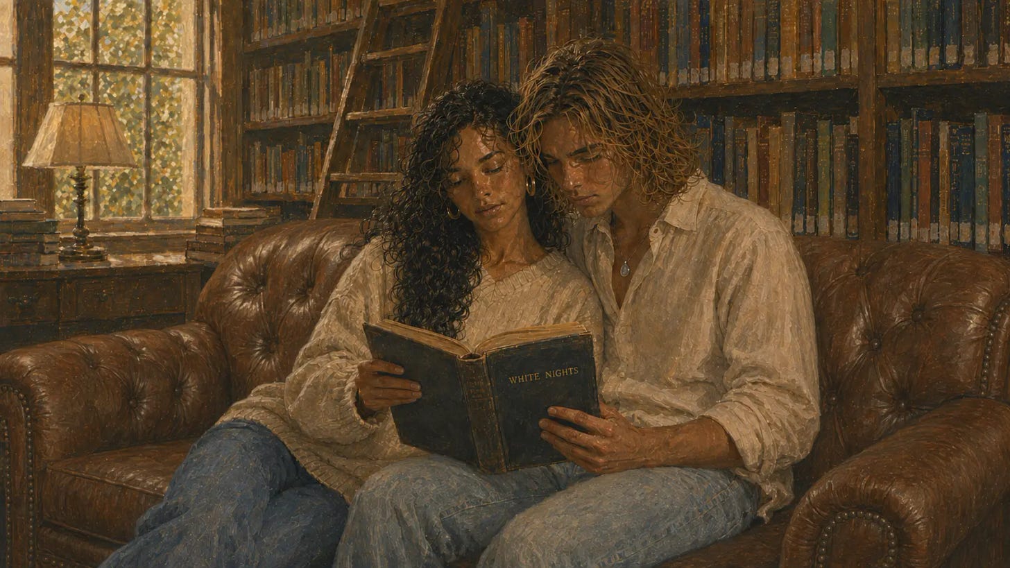 Lucia and Matteo sit close together on a brown leather library couch, sharing an old copy of White Nights.