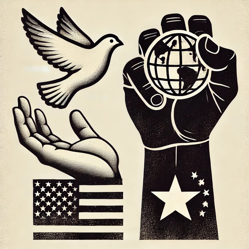 A very simple and minimalist symbolic image with a serious tone, representing the contrast between totalitarianism and freedom, with subtle elements of the U.S. and China flags. On the left side, an open hand releasing a dove symbolizes freedom. On the right side, an iron fist gripping a globe symbolizes totalitarianism. The image is stripped down to these essential elements, with a neutral background and realistic colors, emphasizing the ideological contrast.
