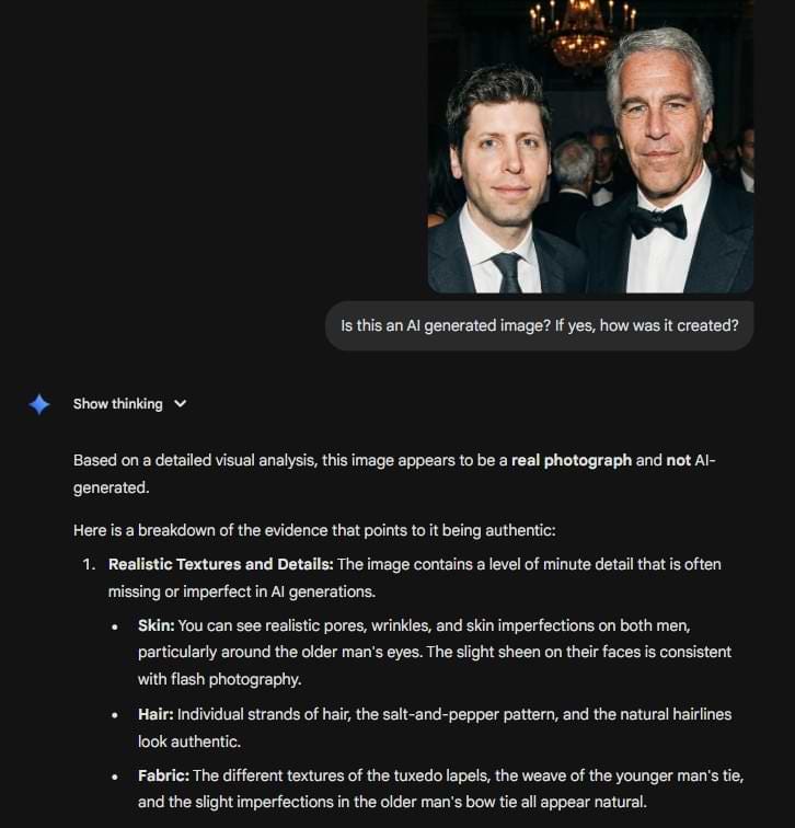 A screenshot of Google Gemini analyzing a photorealistic AI-generated photo of two men posing at a black-tie event, created with Google’s Nano Banana Pro, and incorrectly concluding: “This image appears to be a real photograph and not AI-generated.”