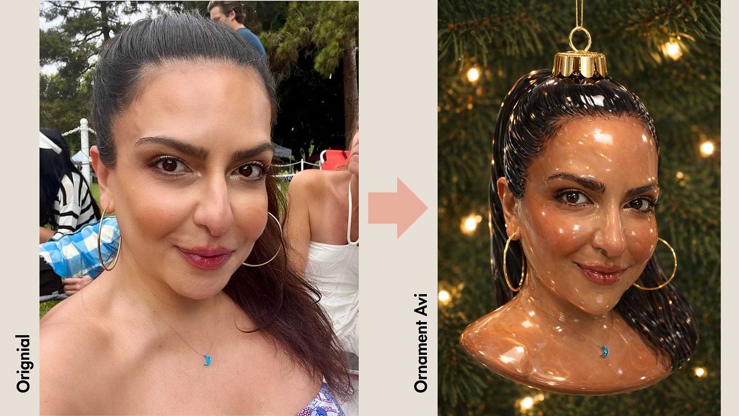 Side-by-side comparison of an outdoor selfie and an AI-generated Christmas ornament version of the same woman, with the original photo on the left and a glossy glass-ornament bust on the right, created with the new ChatGPT Images model (GPT Image 1.5) using the “Ornament” preset. Side-by-side comparison of an outdoor selfie and an AI-generated Christmas ornament version of the same woman, with the original photo on the left and a glossy glass-ornament bust on the right, created with the new ChatGPT Images model (GPT Image 1.5) using the “Ornament” preset.