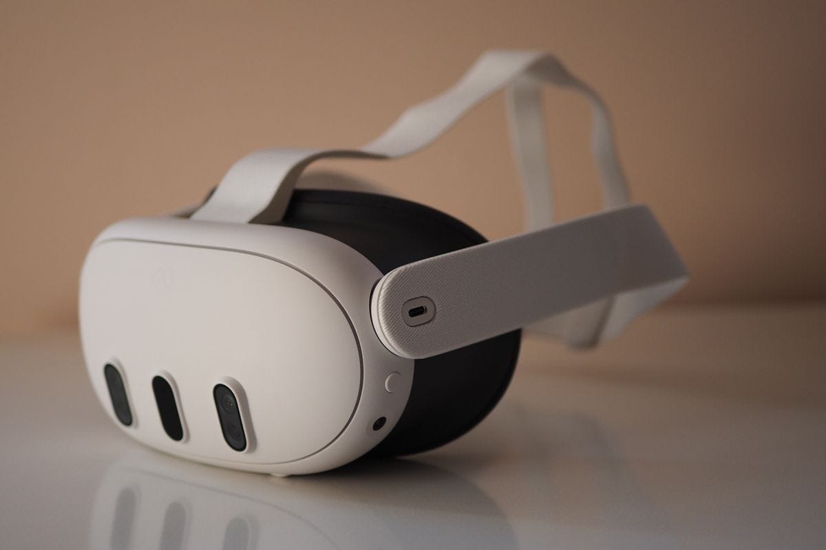 A photo taken by Polygon author Cameron Faulkner of the Meta Quest 3 virtual reality headset laying on a white countertop.