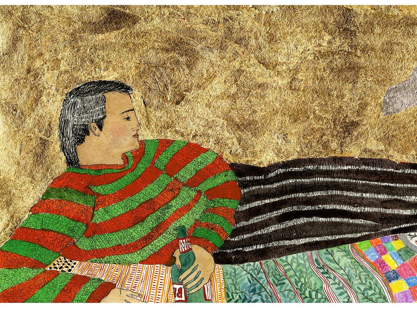 Odalisque sipping beer, Anna Jane McIntyre, etching, hand-colouring, gold & silver leaf. Odalisque sipping beer, Anna Jane McIntyre, etching, hand-colouring, gold & silver leaf.