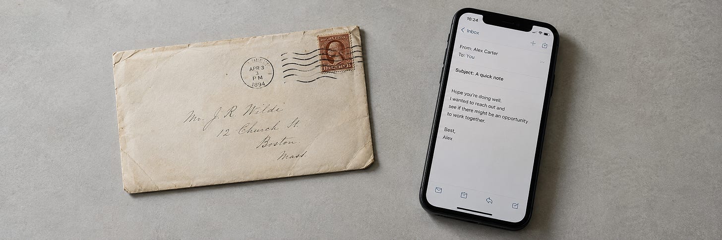 Illustration of an old business envelope beside a modern phone displaying an email.