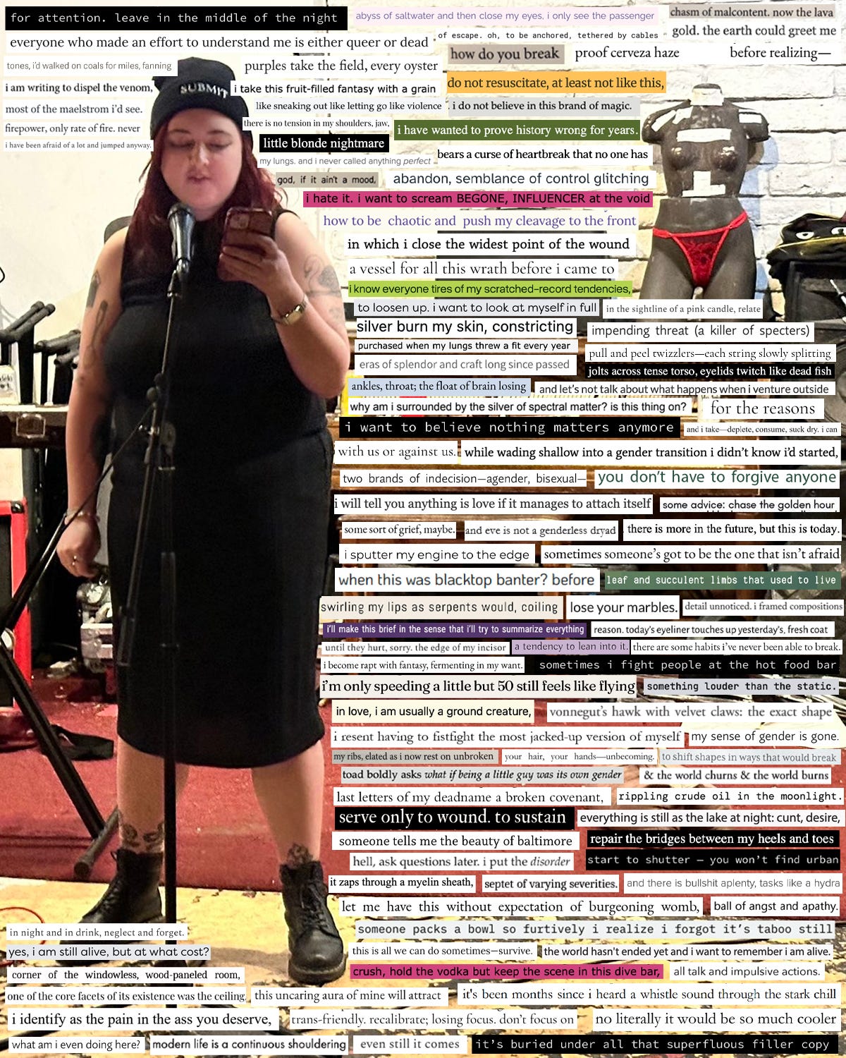 A photo of nat raum reading at fka church in Los Angeles, overlaid with a screenshotted line from every poem they published in 2025.