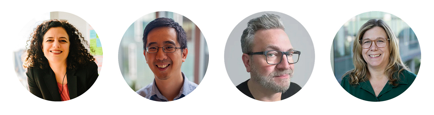 Four circular headshots aligned horizontally. Left to right: Laura Vinchesi, Jason Hong, Dan Saffer, Raelin Musuraca Four circular headshots aligned horizontally. Left to right: Laura Vinchesi, Jason Hong, Dan Saffer, Raelin Musuraca