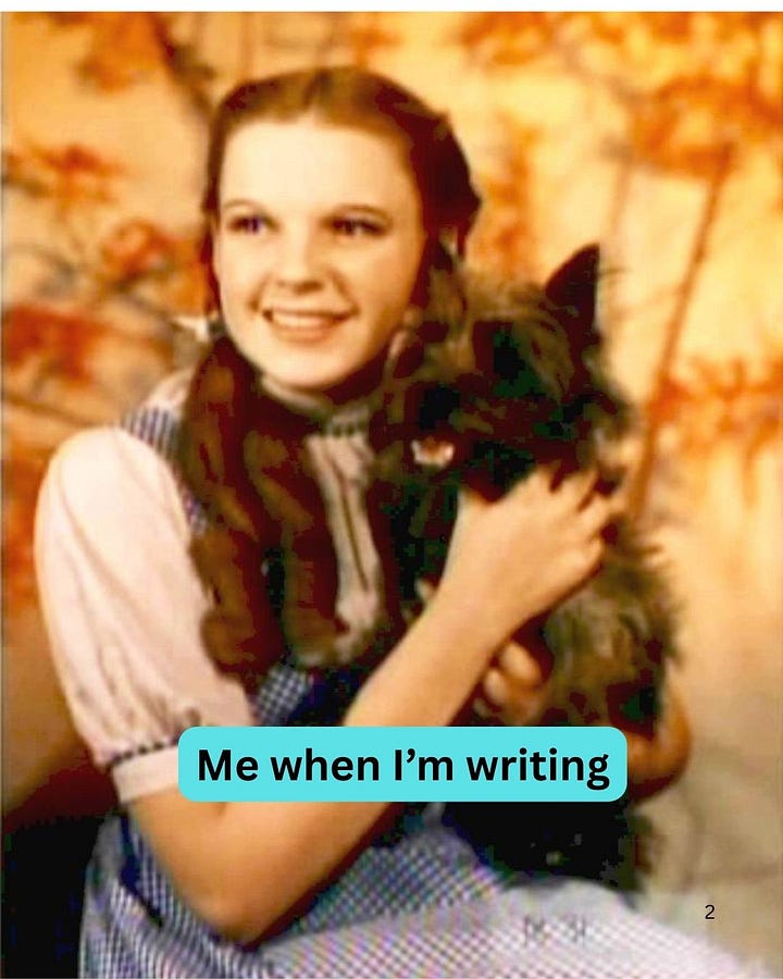 A black and white image of Judy Garland playing Dorothy in the Wizard of Oz with the words "Me when I'm not writing" and a color image of Dorothy and her dog Toto with the words "Me when I'm writing."