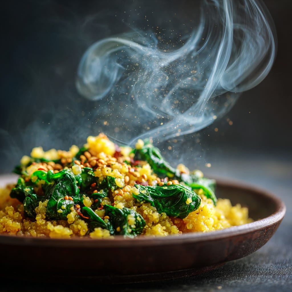 a steaming Ayurvedic Keto Kitchari Bowl, made with fluffy cauliflower rice, creamy golden moong dal, sautéed spinach glistening with ghee, scattered mustard seeds, and rich turmeric coloring. The steam rises in delicate swirls, highlighting the vibrant green spinach, warm golden dal, and nutty cauliflower rice. The texture of the food is crisp and detailed, with visible grains, spices, and droplets of moisture. Soft natural light, shallow depth of field, minimal rustic background to keep focus on the dish. a steaming Ayurvedic Keto Kitchari Bowl, made with fluffy cauliflower rice, creamy golden moong dal, sautéed spinach glistening with ghee, scattered mustard seeds, and rich turmeric coloring. The steam rises in delicate swirls, highlighting the vibrant green spinach, warm golden dal, and nutty cauliflower rice. The texture of the food is crisp and detailed, with visible grains, spices, and droplets of moisture. Soft natural light, shallow depth of field, minimal rustic background to keep focus on the dish.