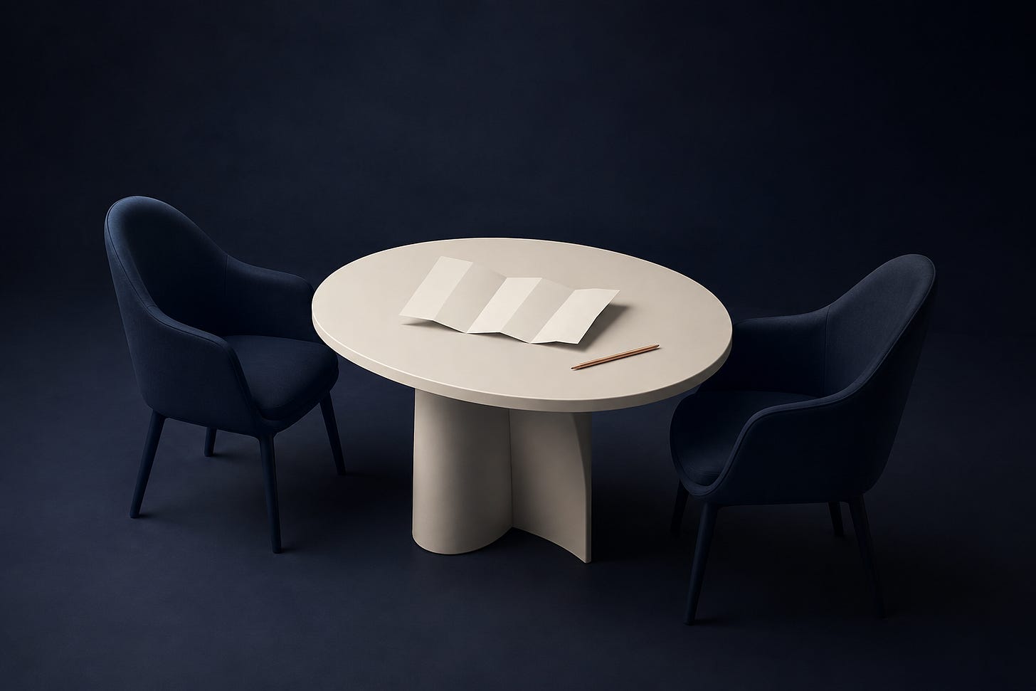 An editorial illustration of two empty navy chairs beside a pale table with a blank folded sheet and a copper pencil.