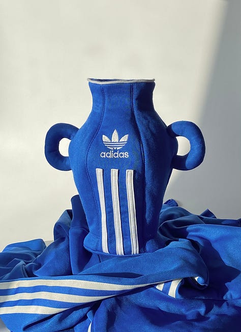 1: A lamp made from a red Adidas tracksuit, 2: Jaehun holding a vase made from a blue Adidas tracksuit, 3: A vase made from a blue Adidas tracksuit