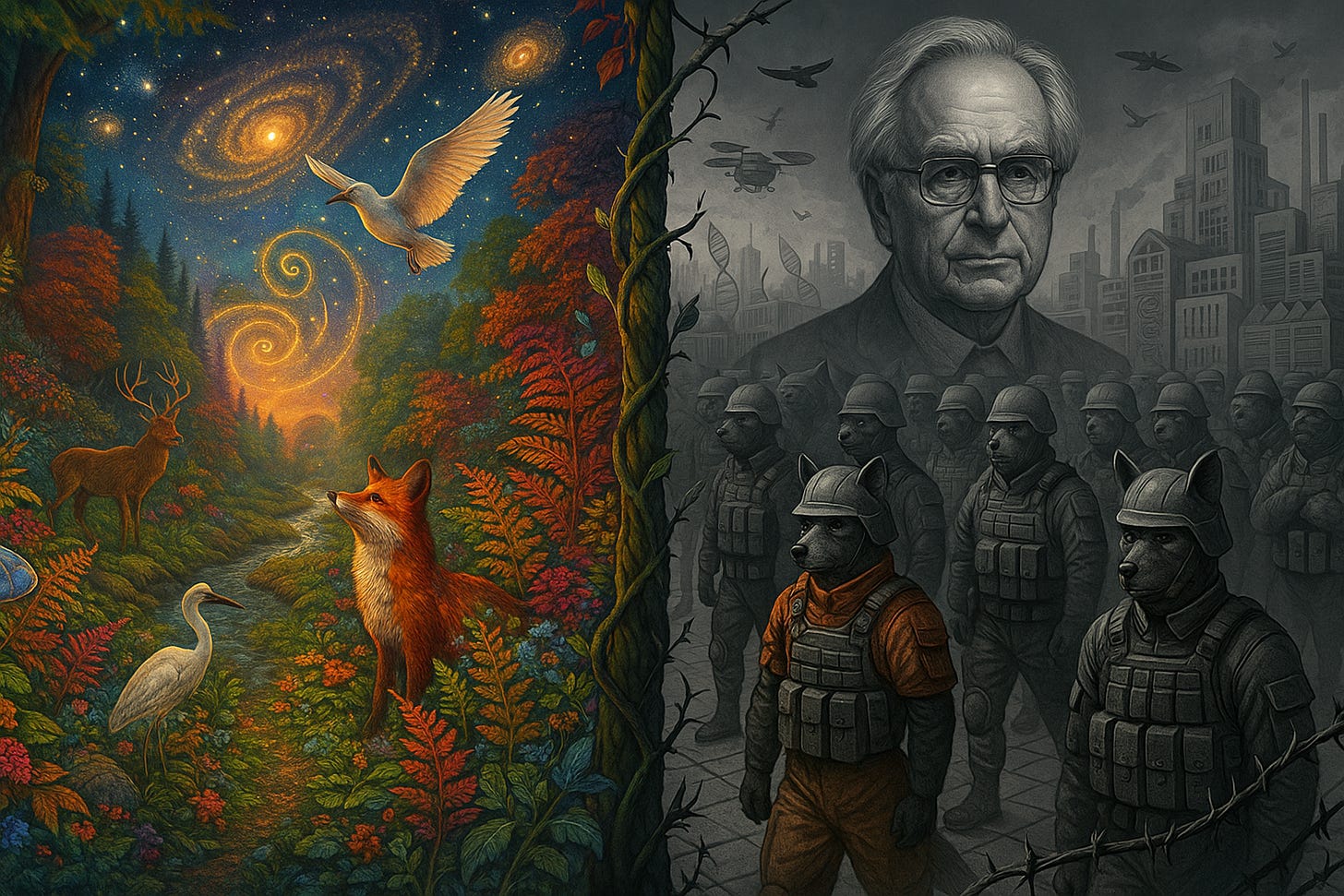 Split-panel artwork. Left side, a vivid forest valley at dusk with a fox, deer, and heron beside a stream; a white bird lifts toward golden spiral galaxies in a star-filled sky. Right side, a monochrome industrial city with barbed wire, drones, DNA-like towers, and ranks of helmeted, dog-headed soldiers; a stern older man with glasses who looks like Richard Dawkins,looms above them. A thick thorned vine divides the two worlds.