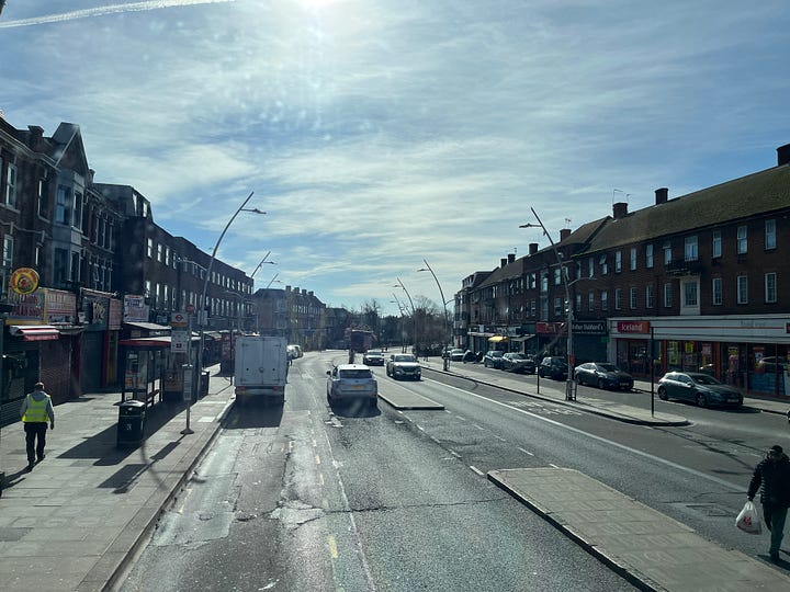 Photos showing the roads through Gants Hill and after Ilford station.