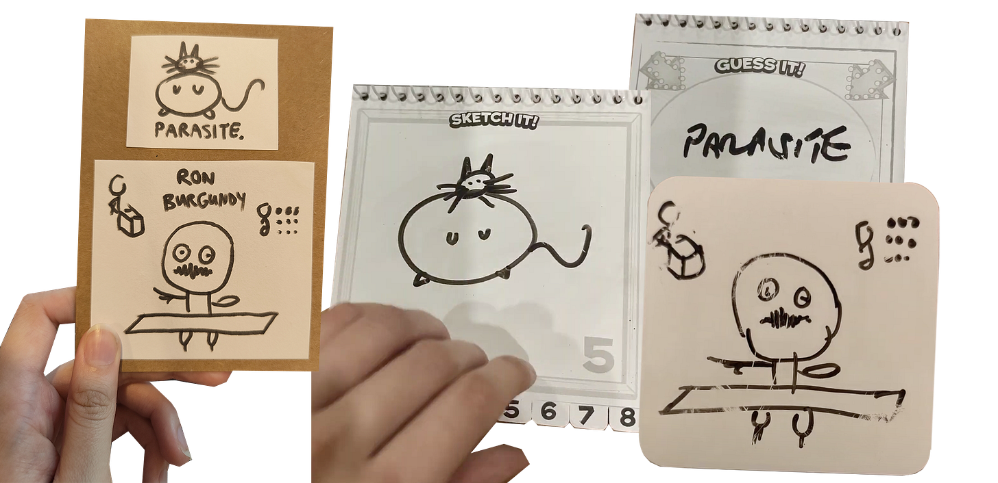 A badly drawn birthday card of a fat cat and a weird interpretation of Ron Burgundy.