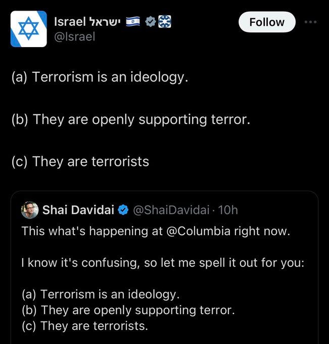 Israel: (a) Terrorism is an ideology.   

(b) They are openly supporting terror.  

(c) They are terrorists