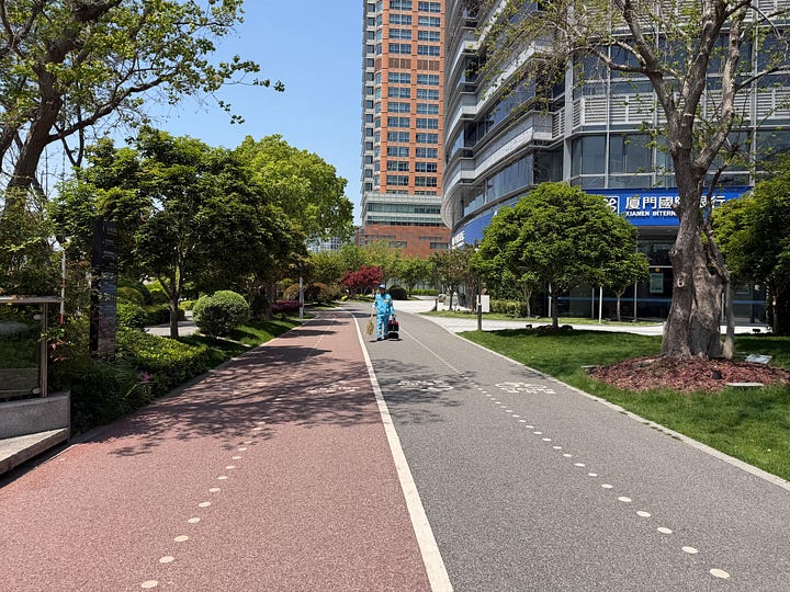a street sweeper cleans a tranquil park in Shanghai; tranquil views at West Lake in Hangzhou