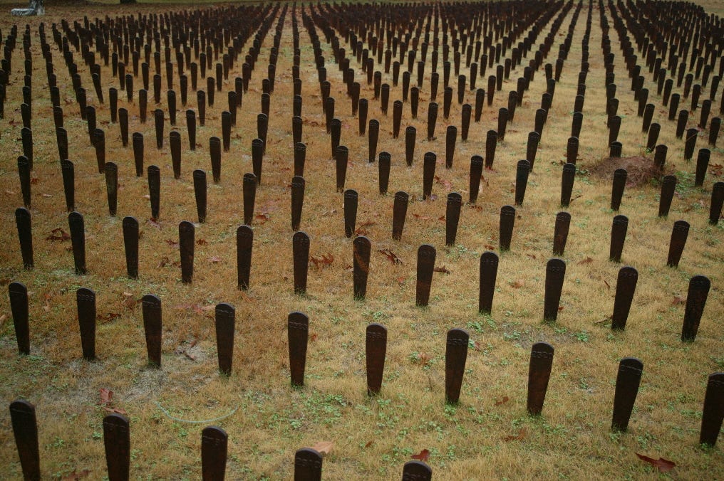 A stark image of grassy ground set up with iron stakes with small numbers on them, a memorial.