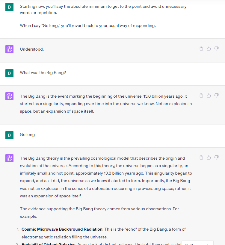 ChatGPT responding concisely vs. extensively depending on prompt