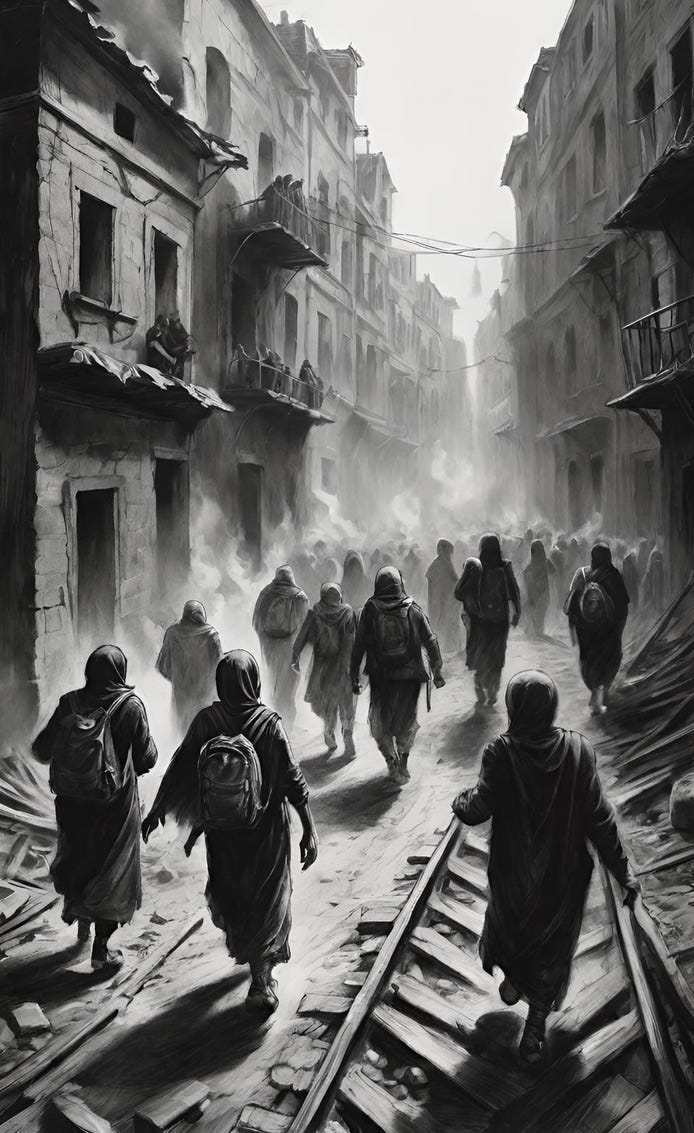 A black and white illustration of a crowd of people walking through a devastated city’s streets. Created by Frank Moone using Dream.AI