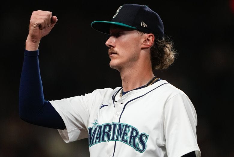 Seattle Mariners starting pitcher Bryce Miller during a game against the Texas Rangers, Sept. 12, 2024 in Seattle. (Lindsey Wasson / The Associated Press) Seattle Mariners starting pitcher Bryce Miller during a game against the Texas Rangers, Sept. 12, 2024 in Seattle. (Lindsey Wasson / The Associated Press)