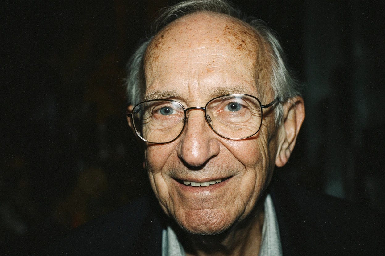 "Portrait of an elderly man with a gentle smile and weathered face wearing glasses. Subtle film grain aesthetic." - by Krea 1 image model