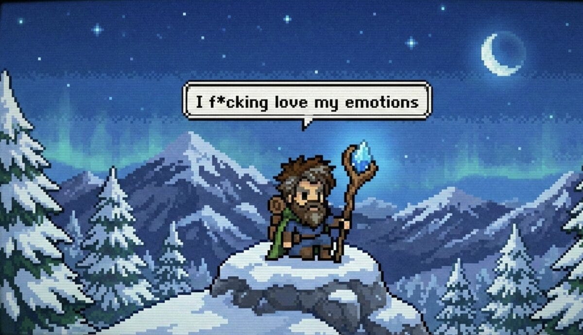 Older pixel-art adventurer on a snowy summit beneath the aurora, saying 'I f*cking love my emotions' Older pixel-art adventurer on a snowy summit beneath the aurora, saying 'I f*cking love my emotions'