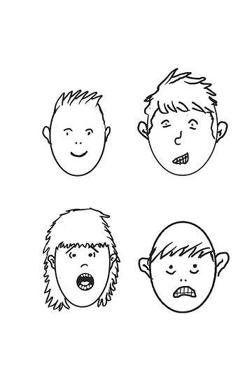 Four sketched faces with varied expressions: smiling, nervous, shocked, and grimacing, on a plain white background. Black line art. Four sketched faces with varied expressions: smiling, nervous, shocked, and grimacing, on a plain white background. Black line art.