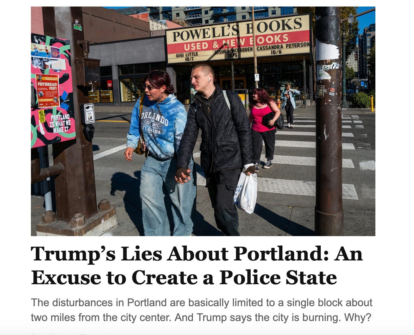 Screenshot of a New Republic article titled "Trump's Lies about Portland." The image is of two people crossing the street in front of Powell's. Gigi's name is on the marquee behind them. 