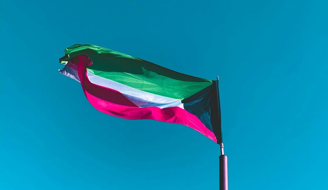 a flag flying in the wind on a beach