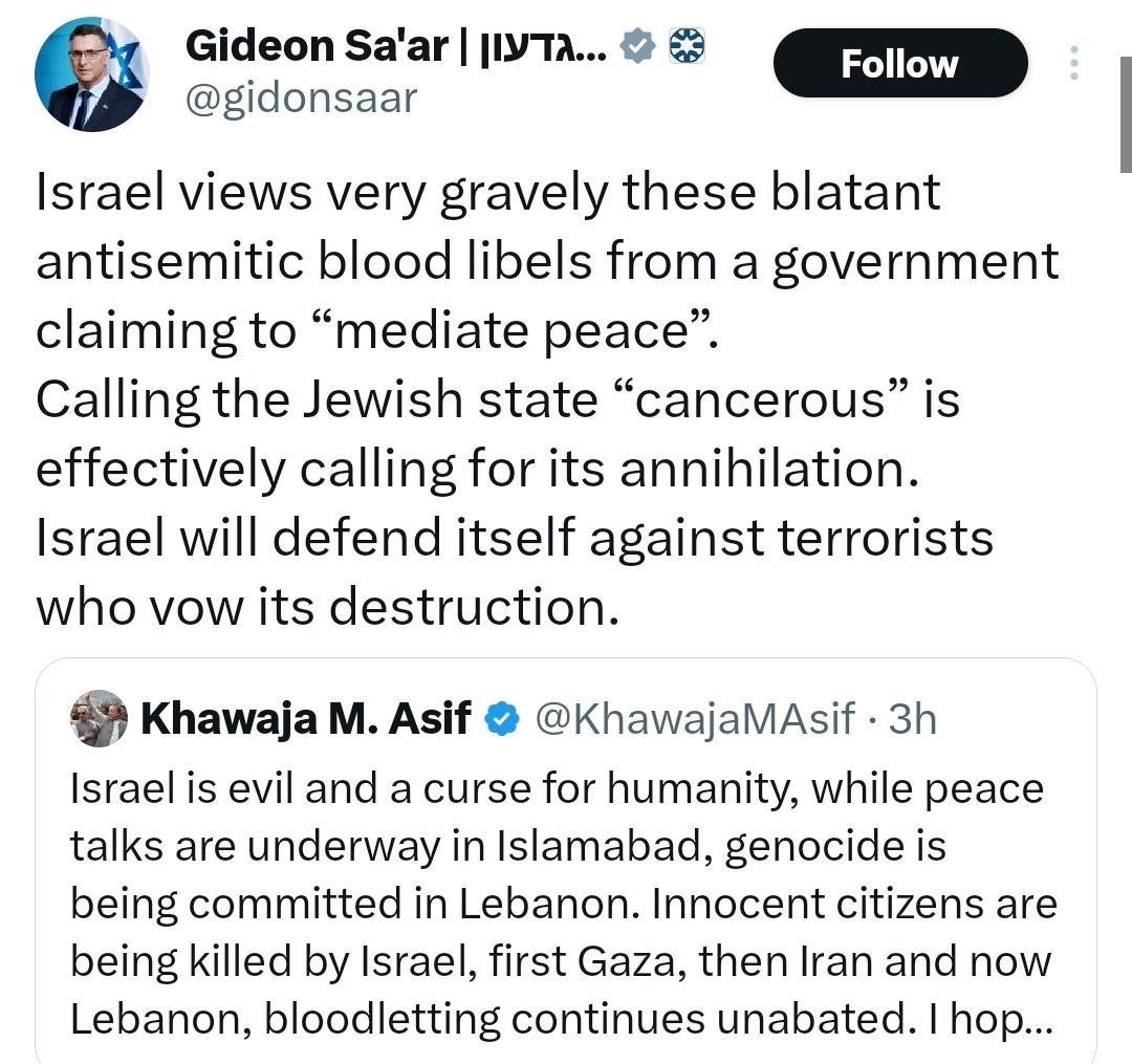 A tweet that addresses antisemitism and the Israeli-Palestinian conflict, specifically referring to statements by Gideon Sa'ar and Hoja M. Asif. A tweet that addresses antisemitism and the Israeli-Palestinian conflict, specifically referring to statements by Gideon Sa'ar and Hoja M. Asif.