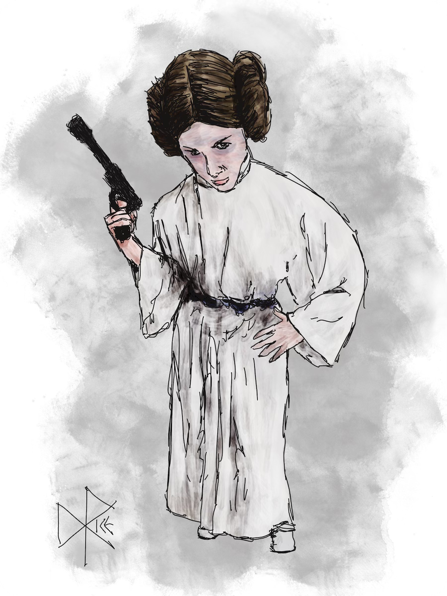 An overhead perspective of Carrie Fisher as Leia Organa, holding a laser pistol and dressed in her classic white gown from Star Wars (1977), later retitled as Star Wars: Episode IV - A New Hope. Sketch art by Don Rice.