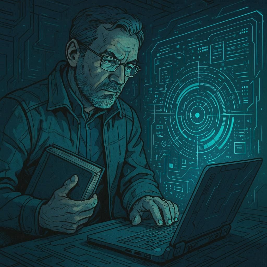 generate an image of a middle-aged man holding a hardcover book looking at a laptop with a hologram display, sci-fi drawing