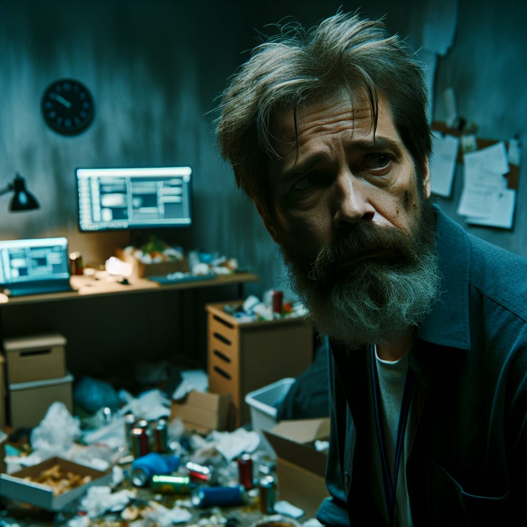 show me a gross greasy neckbeard working out of a sad, dimly-lit home office full of garbage and old food