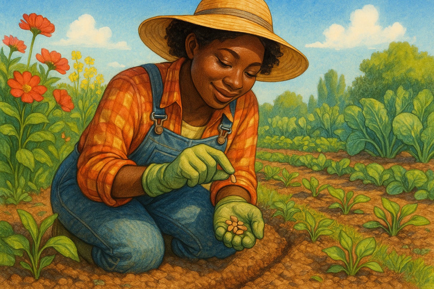 an image, landscape orientation, of a detailed illustration of a black female gardener with a handful of seeds, carefully selecting one to plant in her garden. It should be bright, colorful, and hopeful.