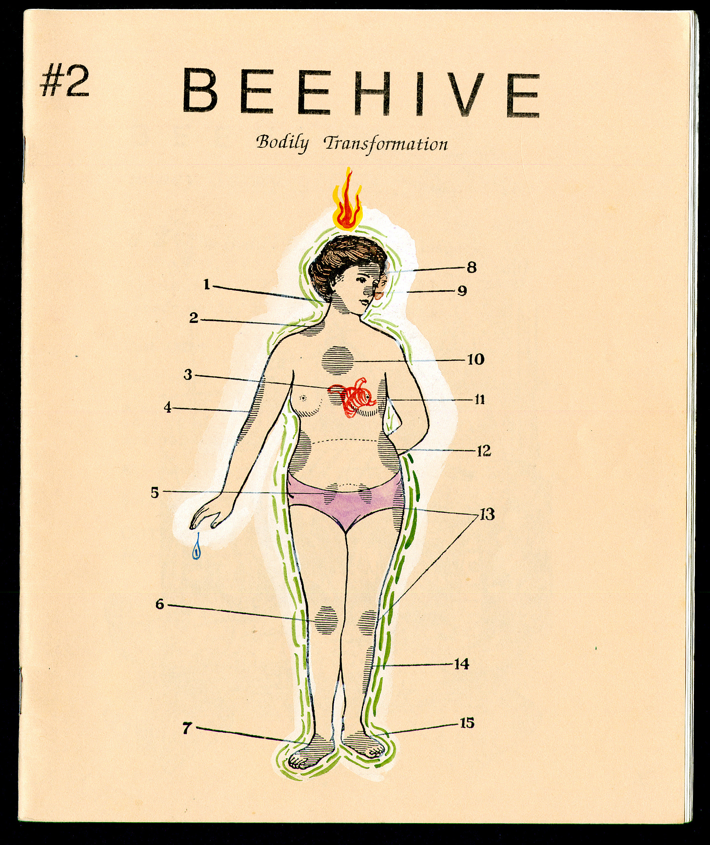 The cover of Beehive Zine 2, "Bodily Transformation". A woman in knickers is standing, looking demurly to the side. Her hair is in an old fashioned updo, and her body is labeld 1-13. She has been painted over with a vibrating aura of whit and green and a flame above her head. 