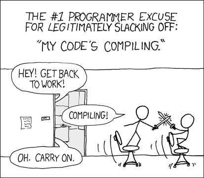 Two stick figures sword-fight in office chairs while their code compiles; caption: “The #1 programmer excuse for legitimately slacking off: ‘My code’s compiling.’”