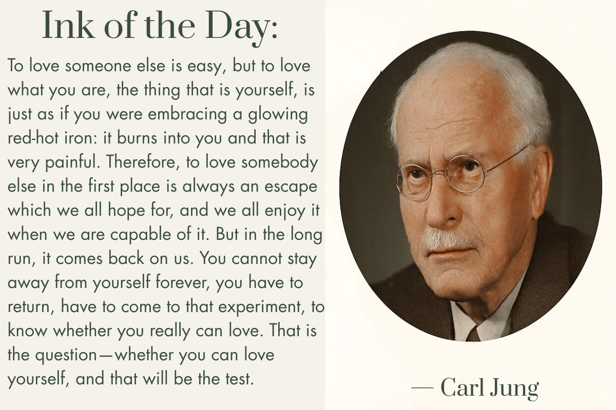 Portrait of Carl Jung with accompanying text excerpt on love and self-acceptance against a beige background. “Ink of the Day” writing about The Other as Furnace by Ellis Zeitmann, for ThinkZeit
