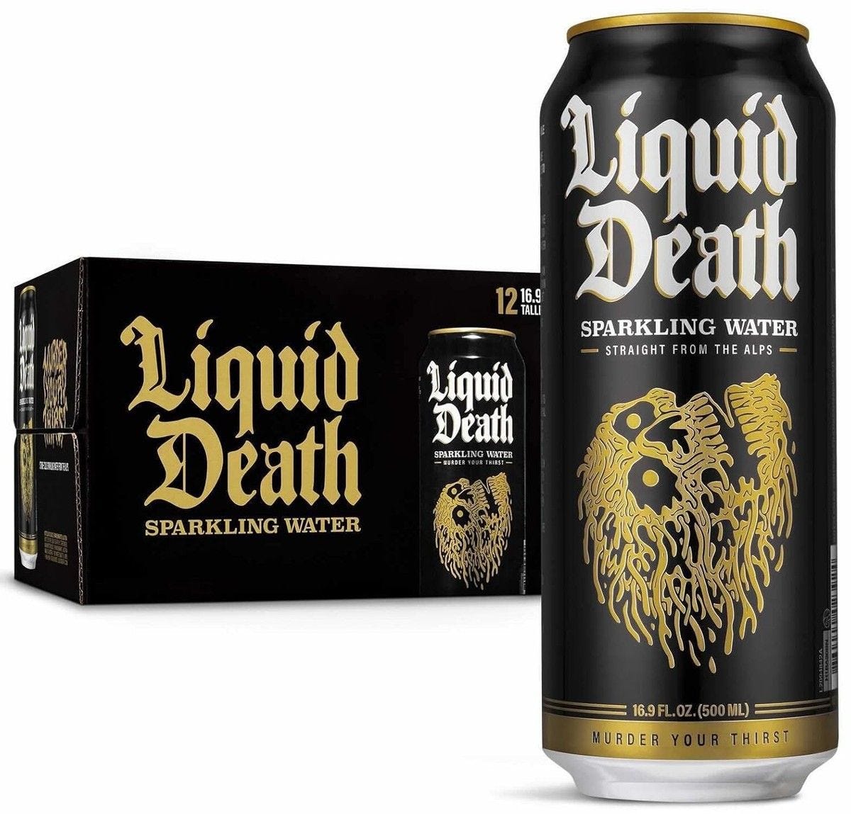 Liquid Death Sparkling Mountain Water tallboy 12-pack on retail shelves