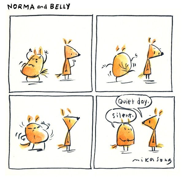 Belly the short round squirrel is dancing silently behind Norma the other squirrel. Belly keeps shaking her body with her hands in the air behind Norma. Norma turns around and says Quiet day. Norma says with a serious face Silent.