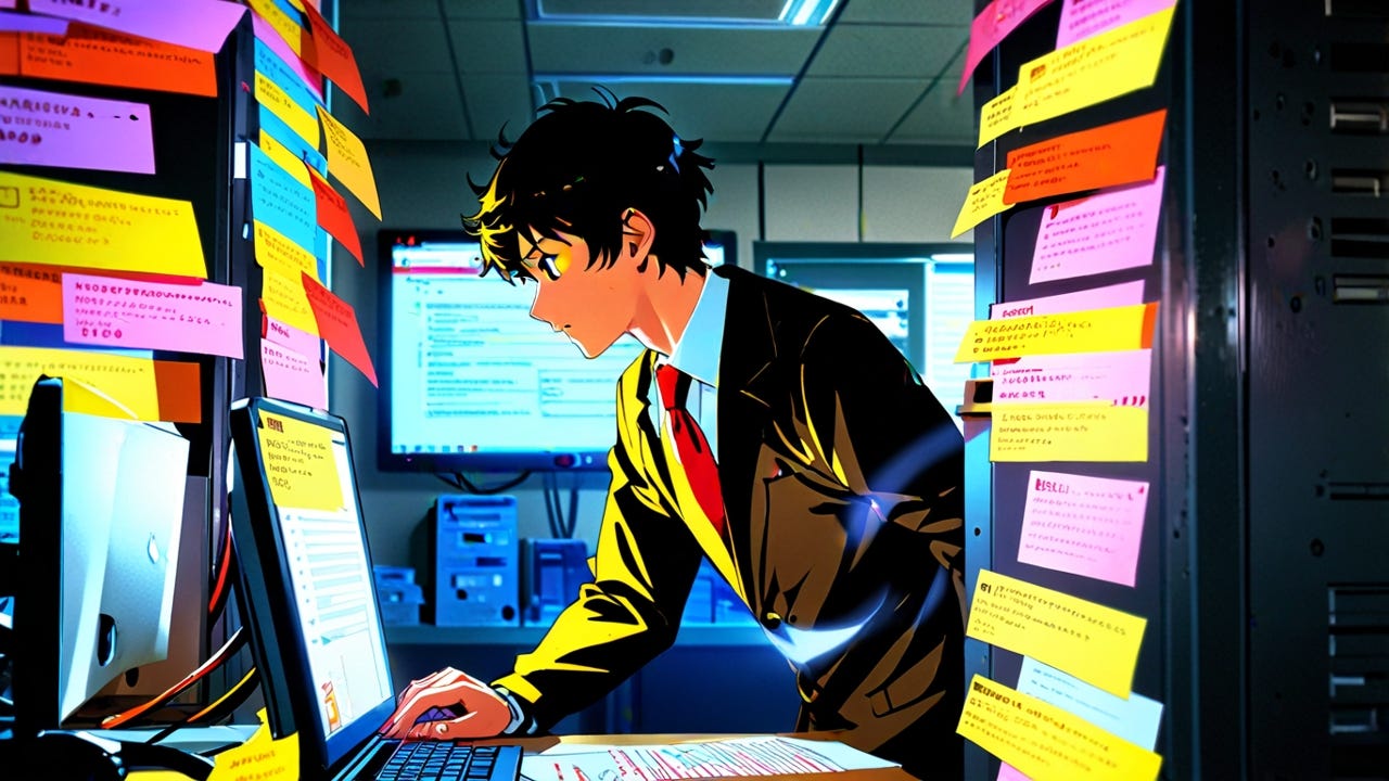 A consultant on a computer surrounded by paperwork, sticky notes.