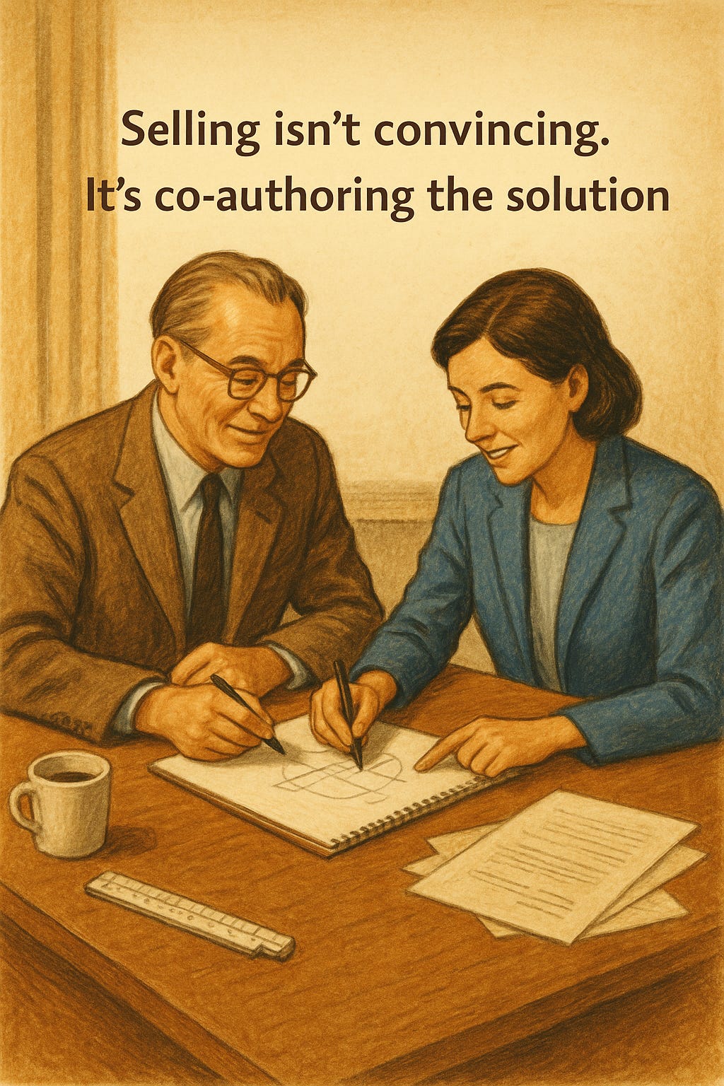 Salesperson and buyer collaborating on a sale.