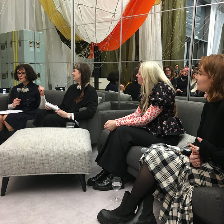 1. The Imagining Possibilities exhibition room at The Lab E20 with designer Christopher Raeburn’s signature reclaimed parachute material hanging from the ceiling; 2. The panel discussion with from L-R: Dilys Williams, Julia Crew, Clare Press and Kaja Grujic.