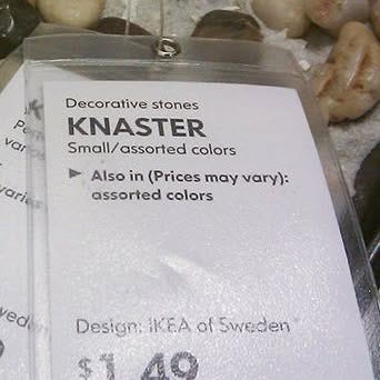 Bag of small decorative rocks from Ikea. The product name is Knaster. Decorative stones Knaster. Small assorted colors. $1.49.
